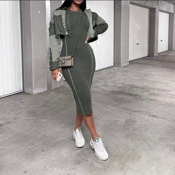 ZARA RIBBED KNIT PIPED STRETCH LONG SLEEVE MIDI DRESS KHAKI - Picture 4 of 13